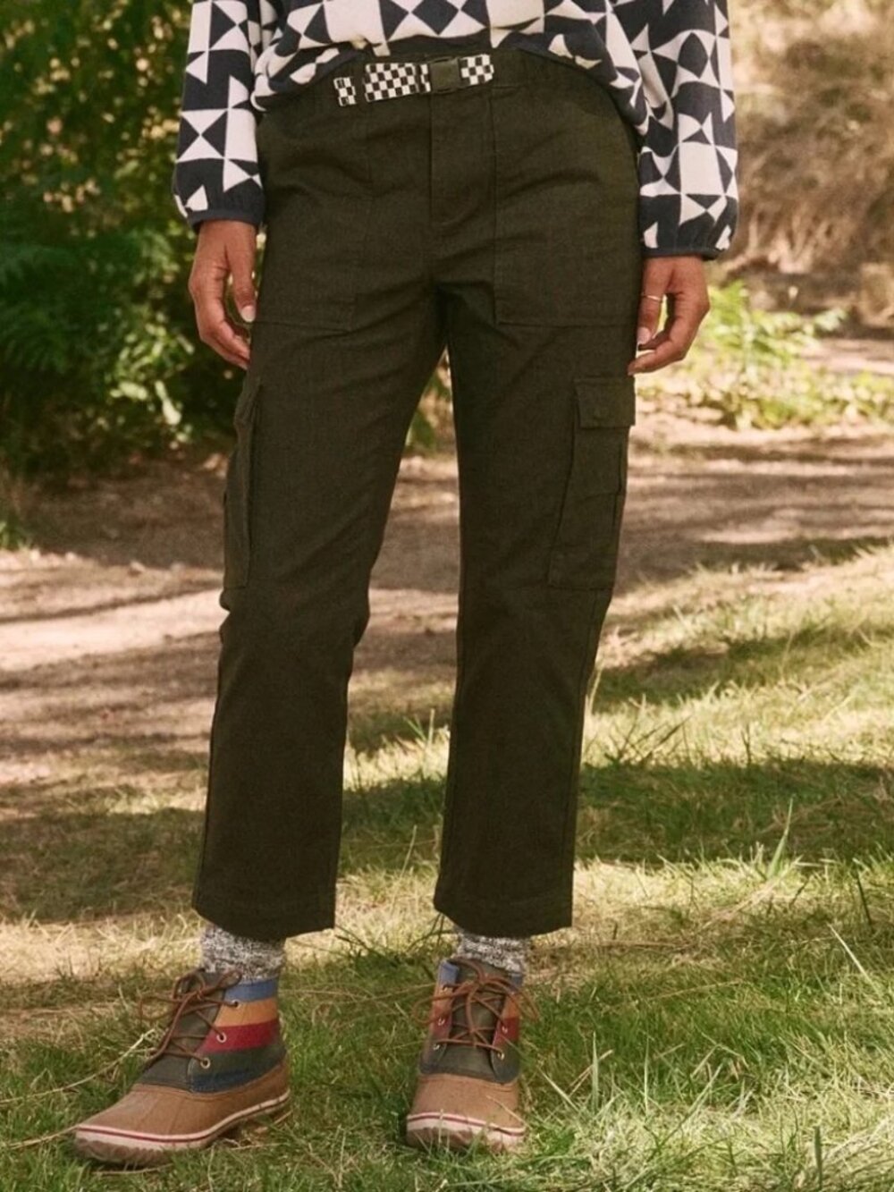 The Great x Eddie Bauer Canvas Hiking Cargo Pant Belted Green Checkered